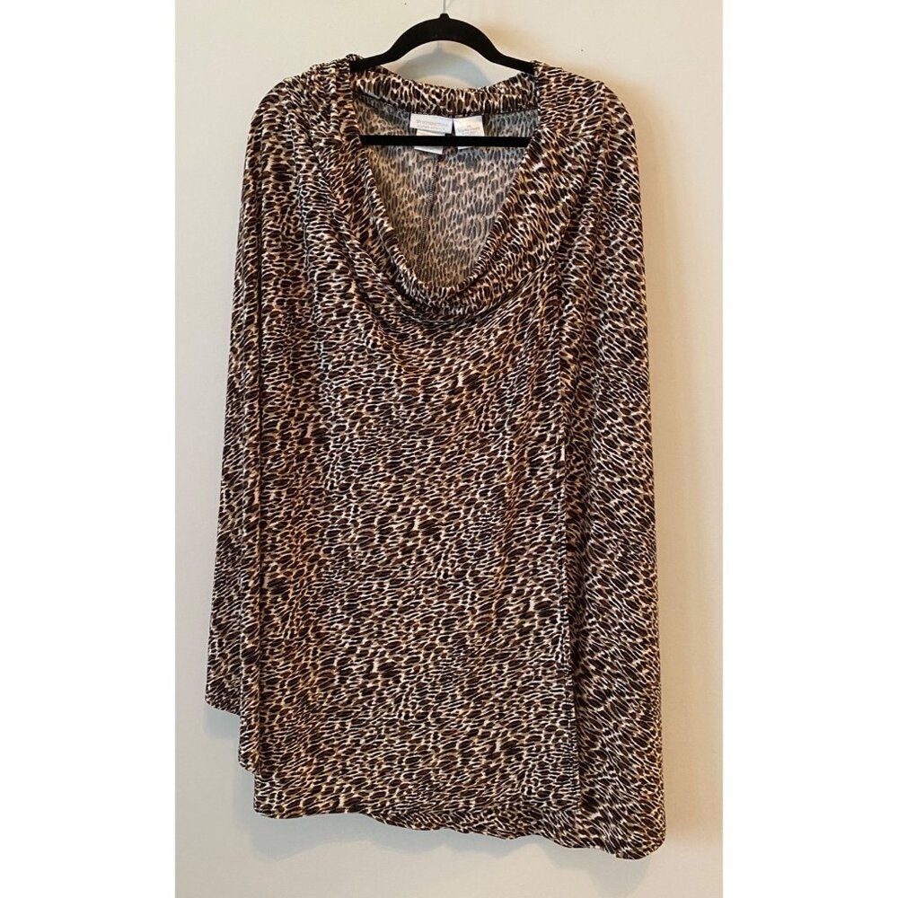 Worthington Womens Stretch Leopard Print Cowl Neck Poncho 1X